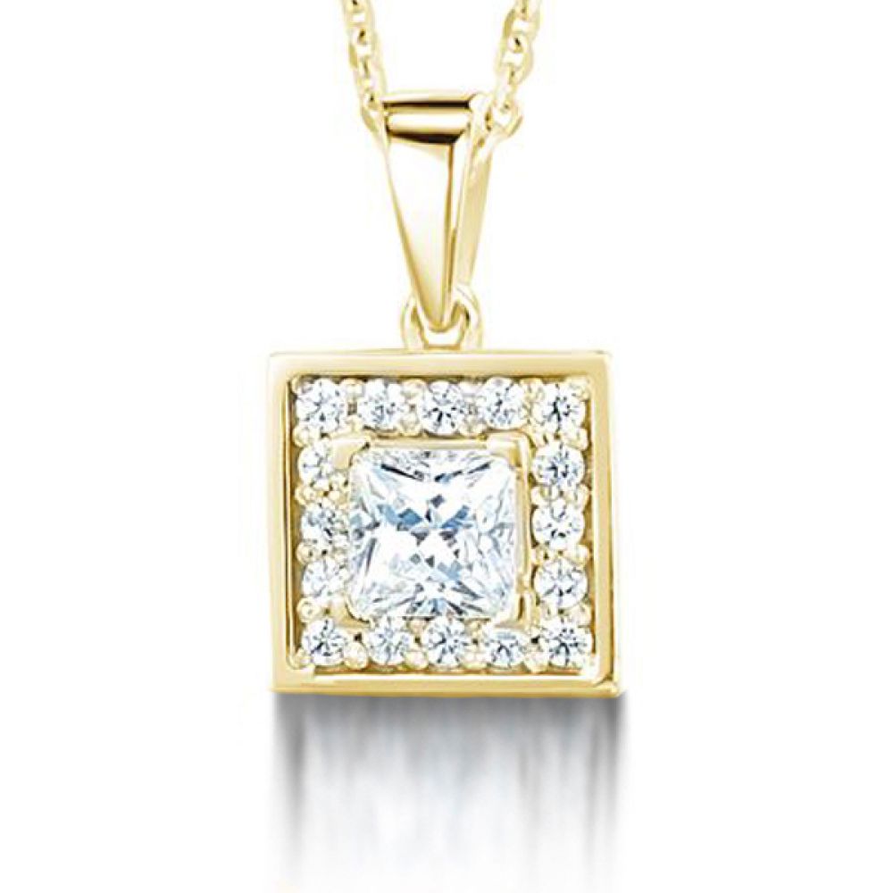 Square Princess Cut Diamond Halo Pendant In Yellow Gold