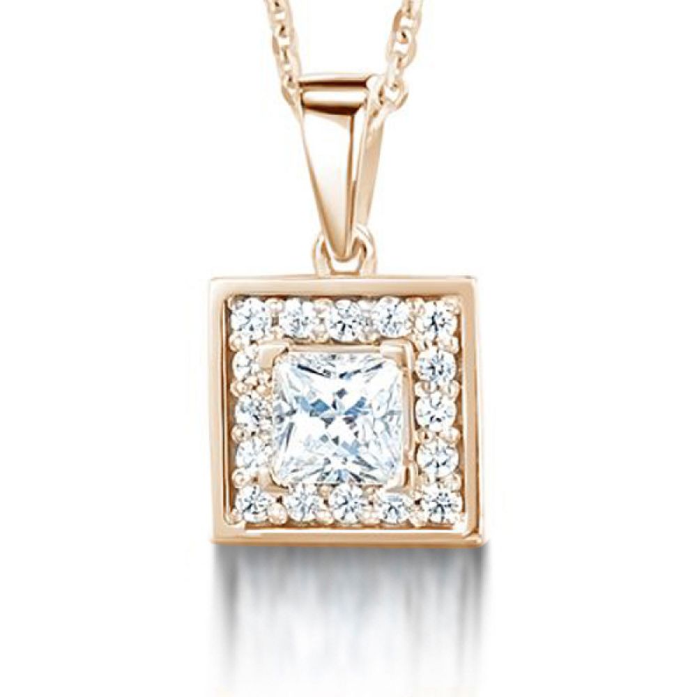 Square Princess Cut Diamond Halo Pendant In Rose Gold