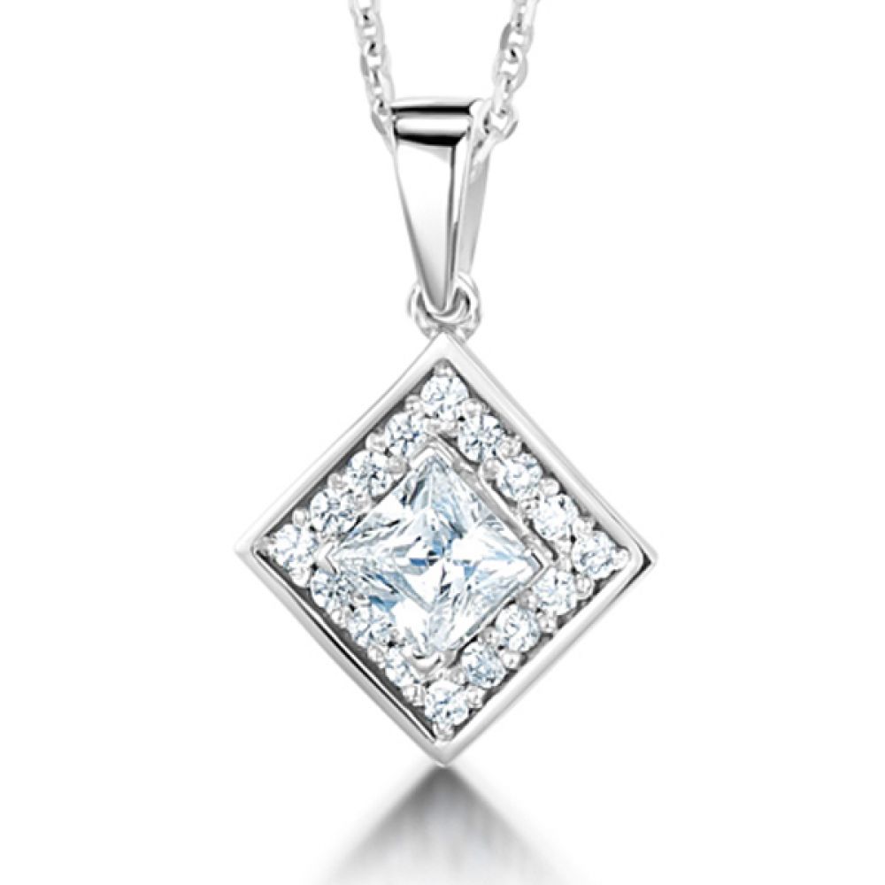 Modern Princess Cut Diamond Halo Pendant