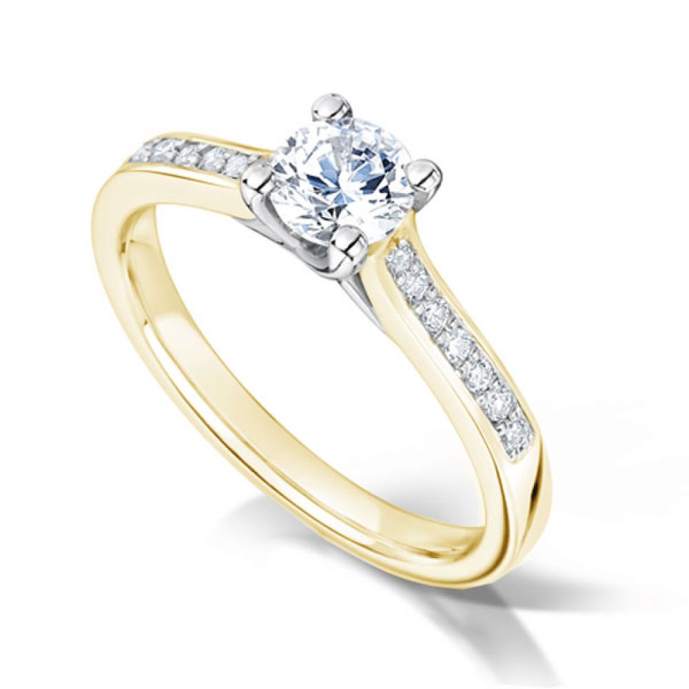 Diamond Shoulder 4 Claw Solitaire Engagement Ring In Yellow Gold