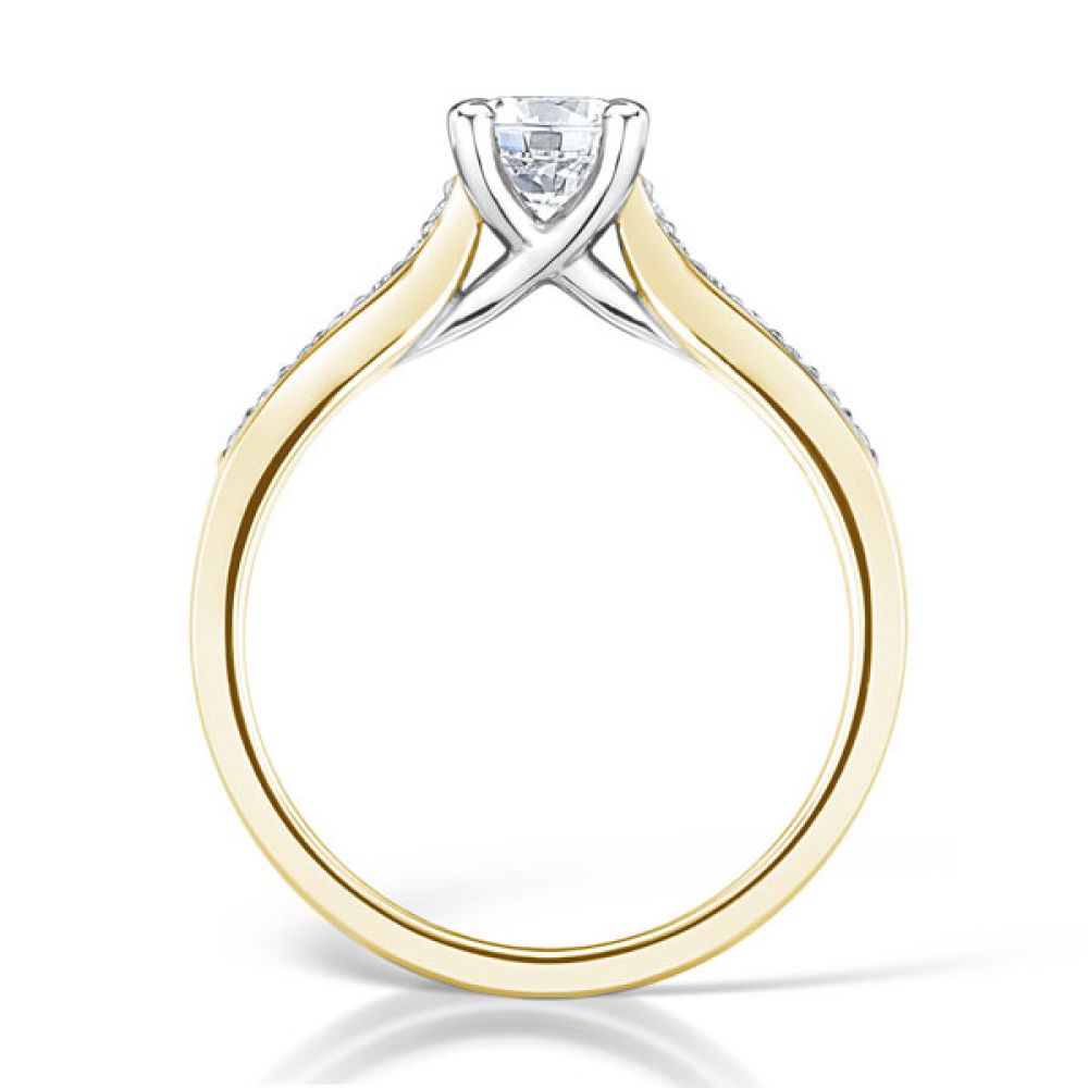 Diamond Shoulder 4 Claw Solitaire Engagement Ring Side View In Yellow Gold