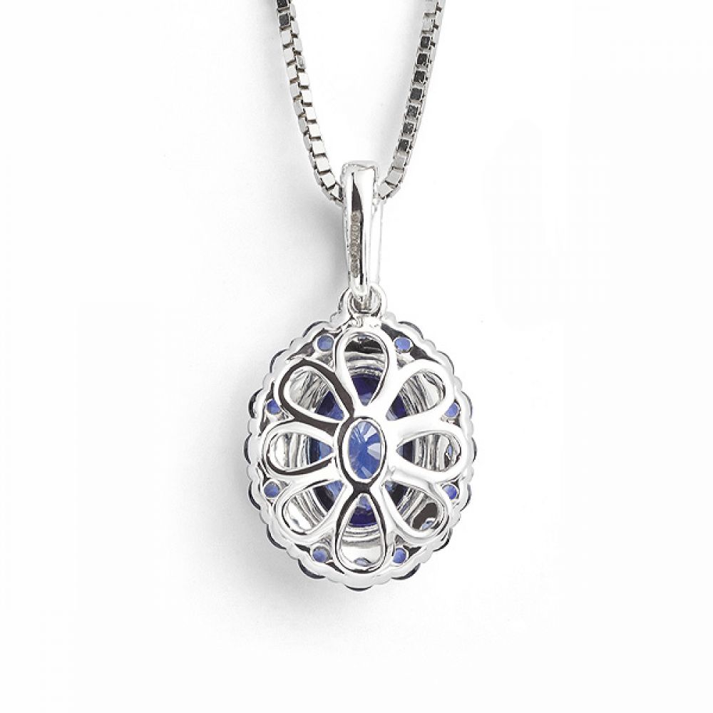 Oval Blue Sapphire and Diamond Cluster Pendant Back Oval Blue Sapphire and Diamond Cluster Pendant Back
