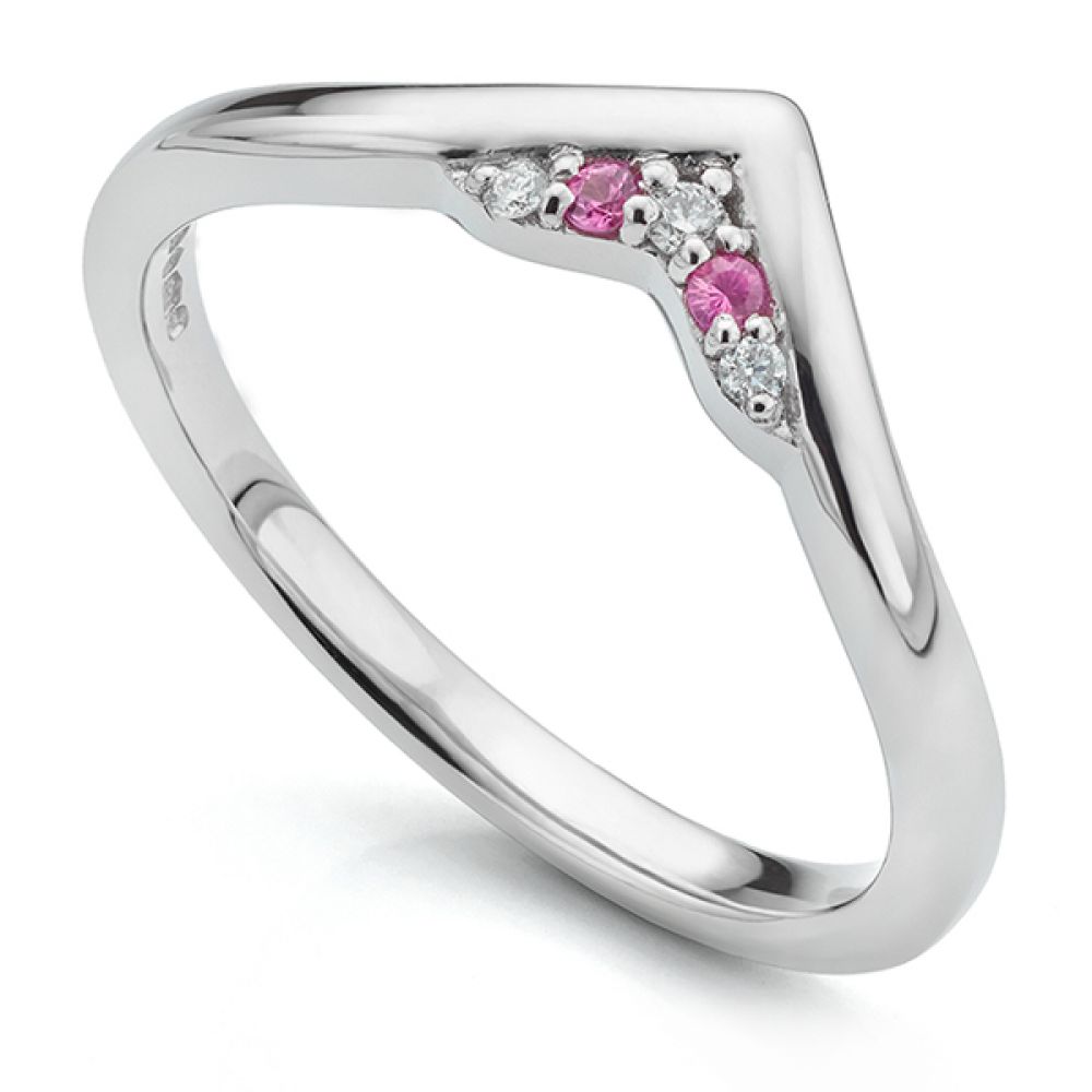 V shaped pink sapphire and diamond shaped wedding ring