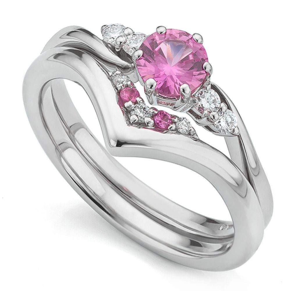 Pink sapphire V shaped wedding ring with engagement ring