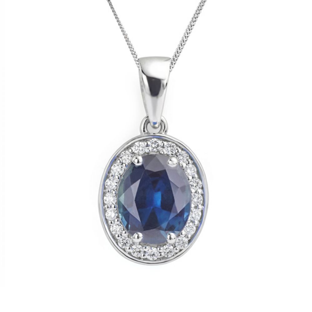 oval blue sapphire and diamond halo pendant