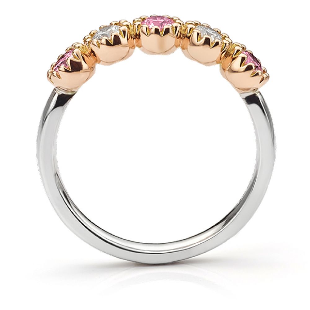 Calista 5 stone diamond and pink sapphire ring side view Calista 5 stone diamond and pink sapphire ring side view
