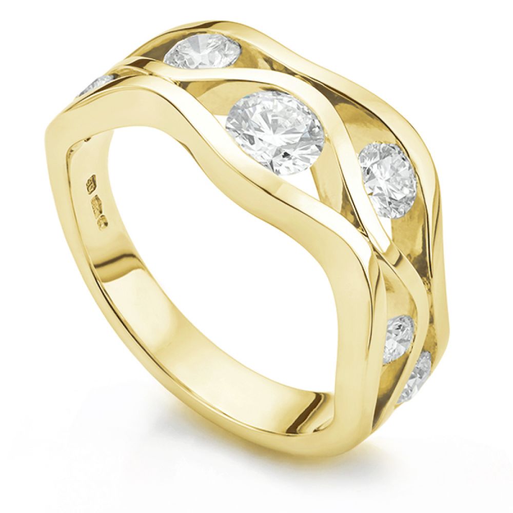 Yellow Gold wave ring set with diamonds