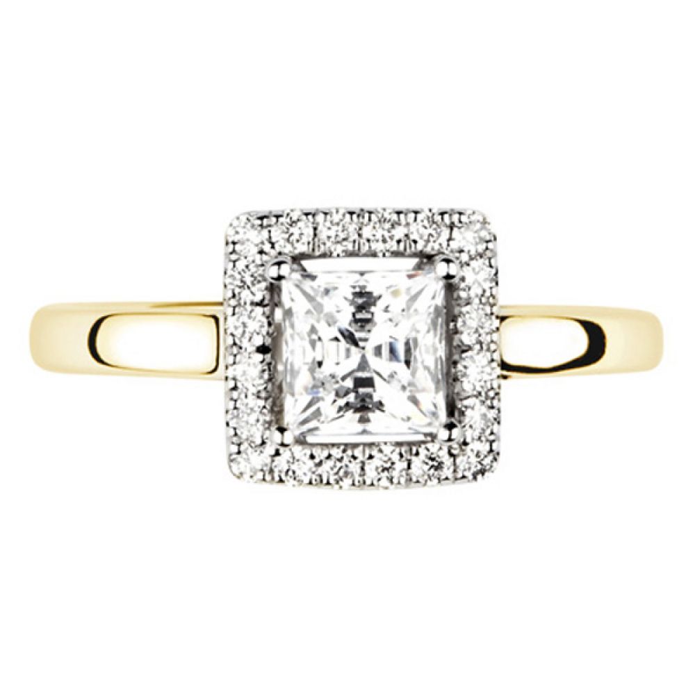 Square Princess Cut Diamond Halo Engagement Ring - Yellow Gold