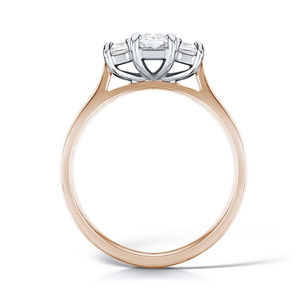3 Stone Graduated Emerald Cut Diamond Ring Side View - Rose Gold 3 Stone Graduated Emerald Cut Diamond Ring Side View - Rose Gold