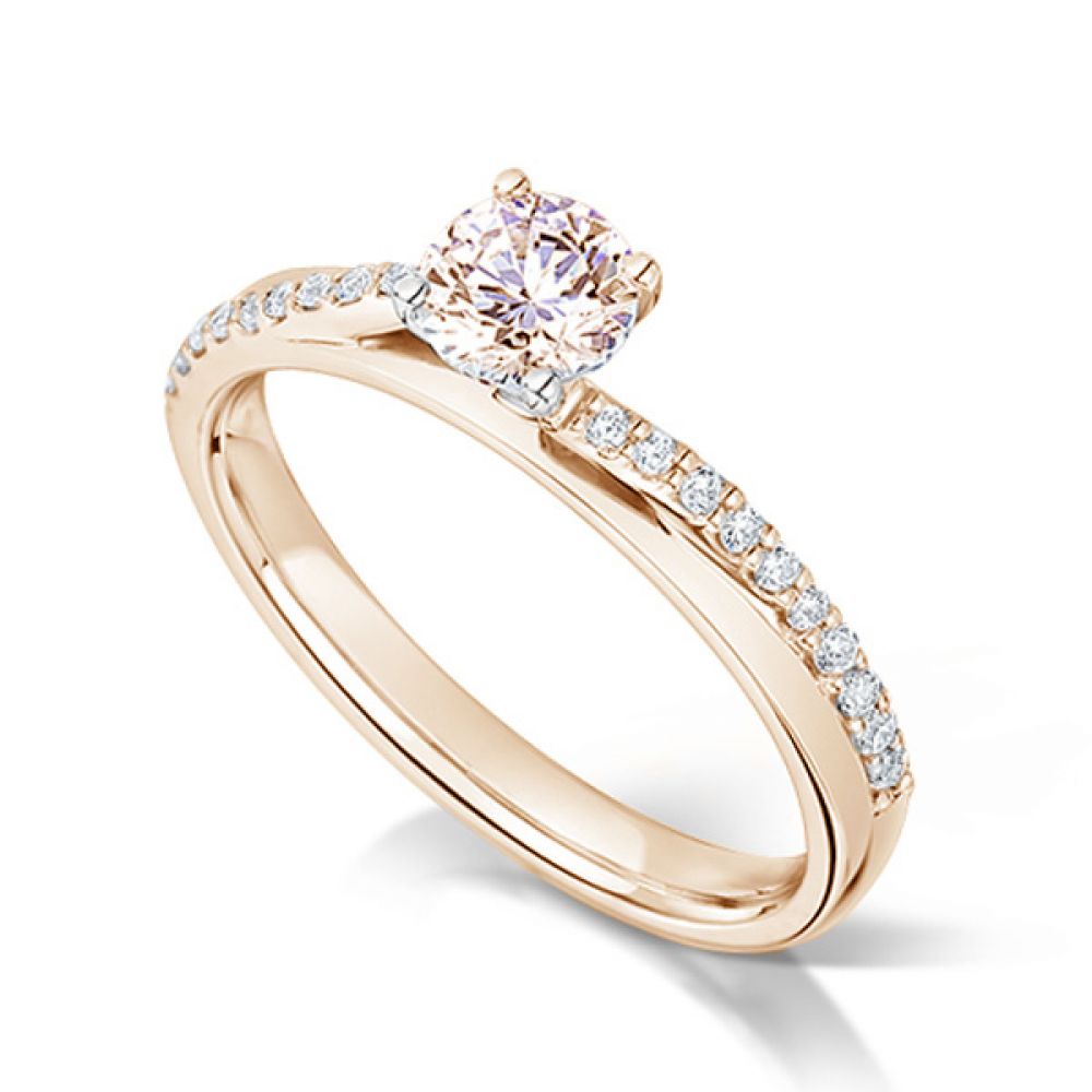 4 Claw Round Solitaire Offset Diamond Shoulders - Rose Gold