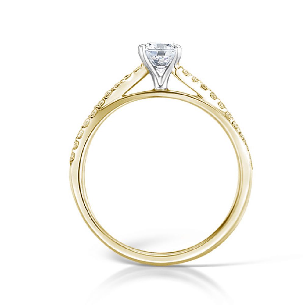 4 Claw Round Solitaire Offset Diamond Shoulders - Yellow Gold