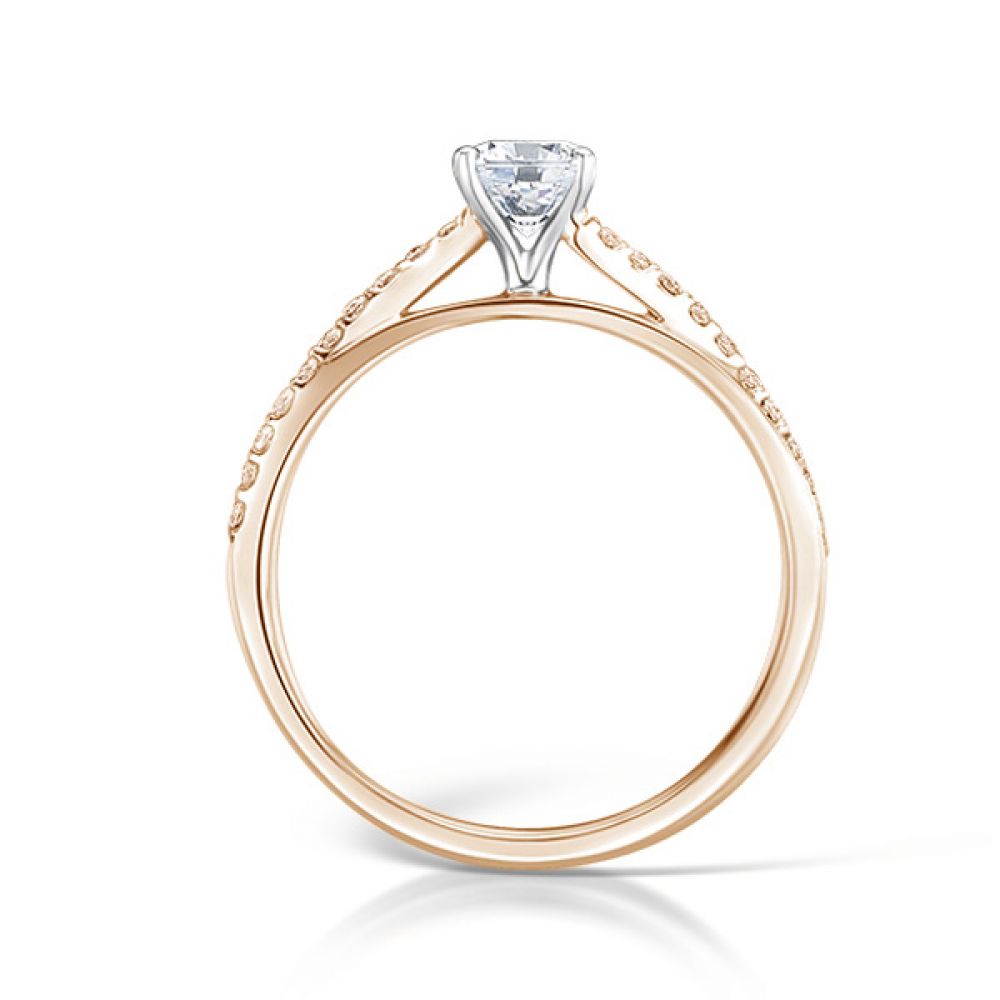 4 Claw Round Solitaire Offset Diamond Shoulders - Rose Gold