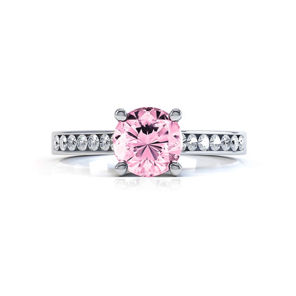 Round Pink Sapphire Solitaire Ring with Diamond Shoulders Round Pink Sapphire Solitaire Ring with Diamond Shoulders