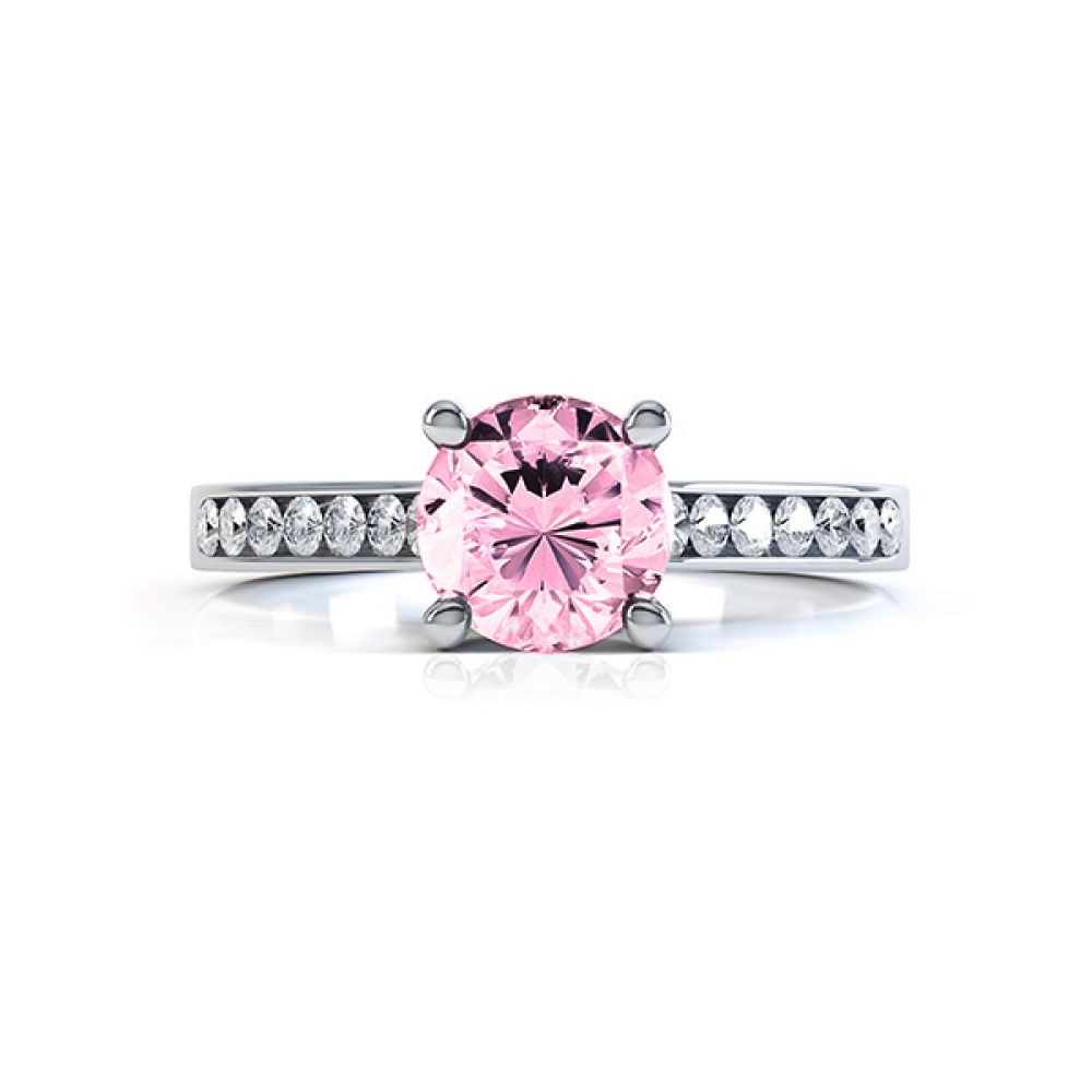 Round Pink Sapphire Solitaire Ring with Diamond Shoulders