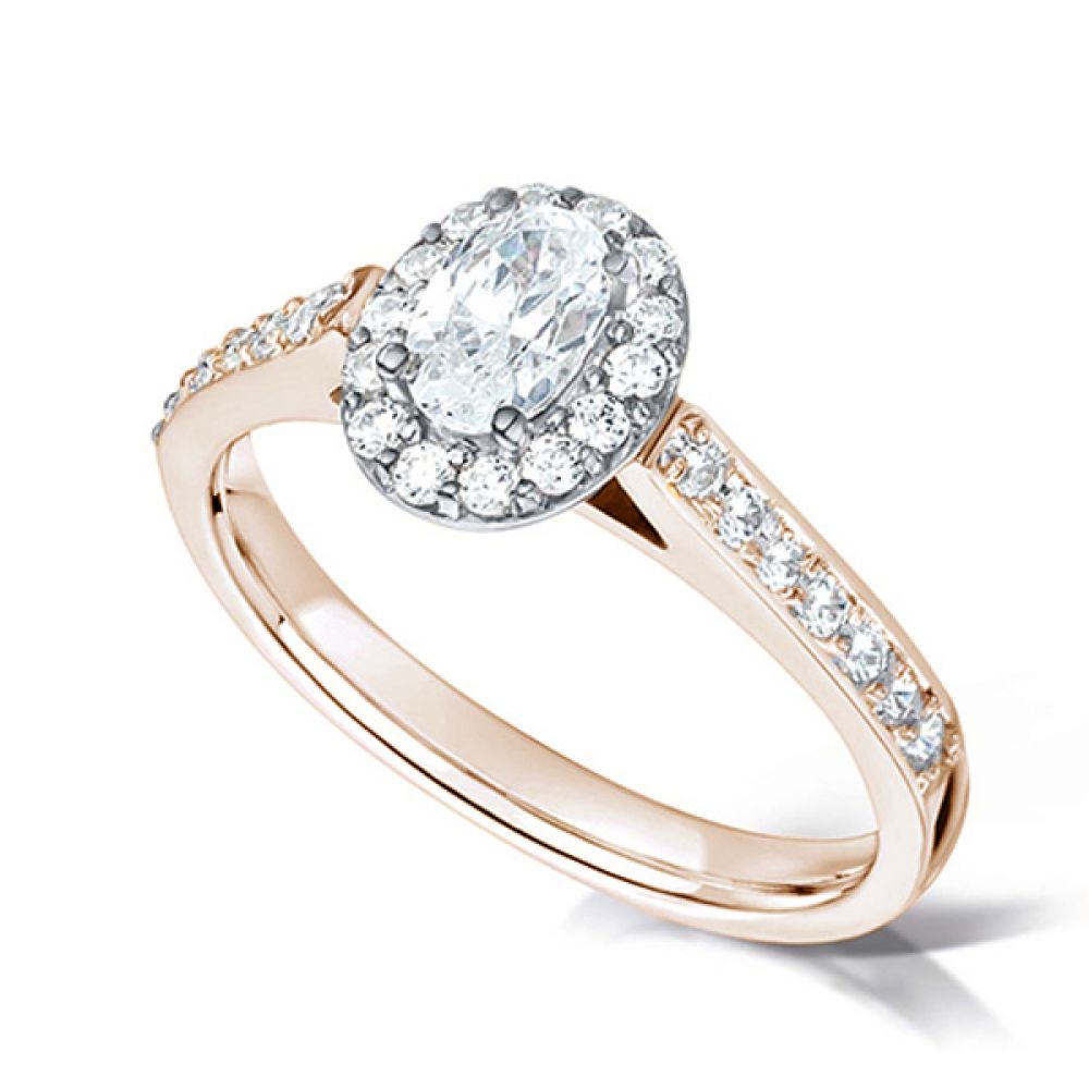 Oval Diamond Halo Engagement Ring - Diamond Shoulders - Rose Gold