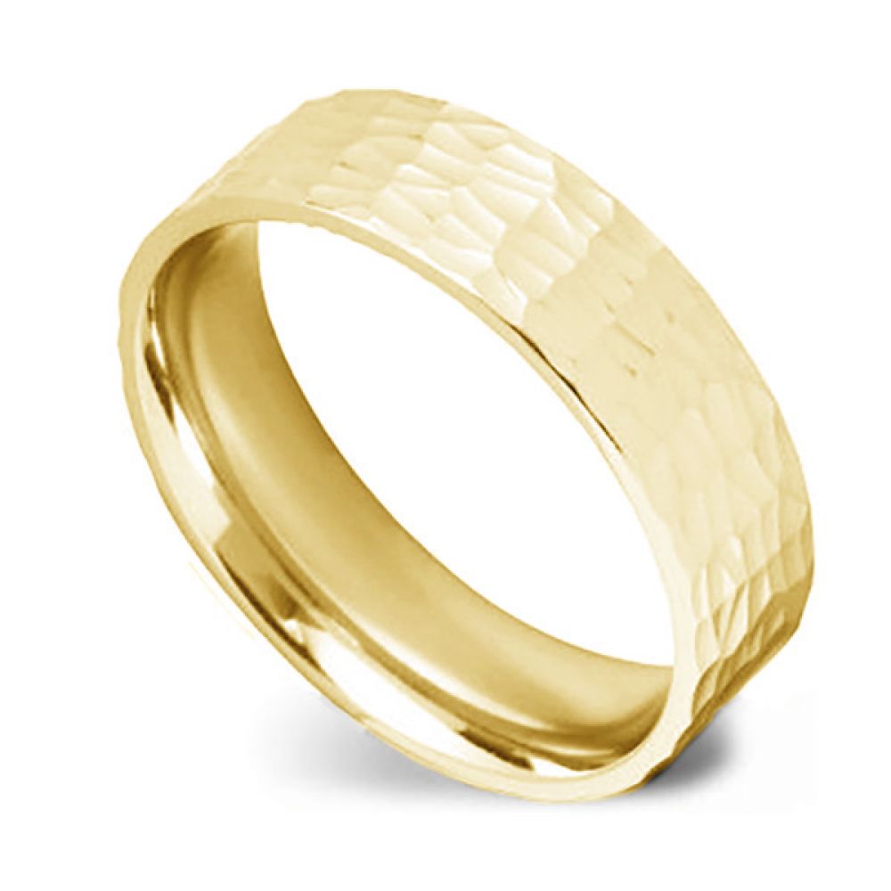 Hammered Texture Patterned Wedding Ring - Yellow Gold