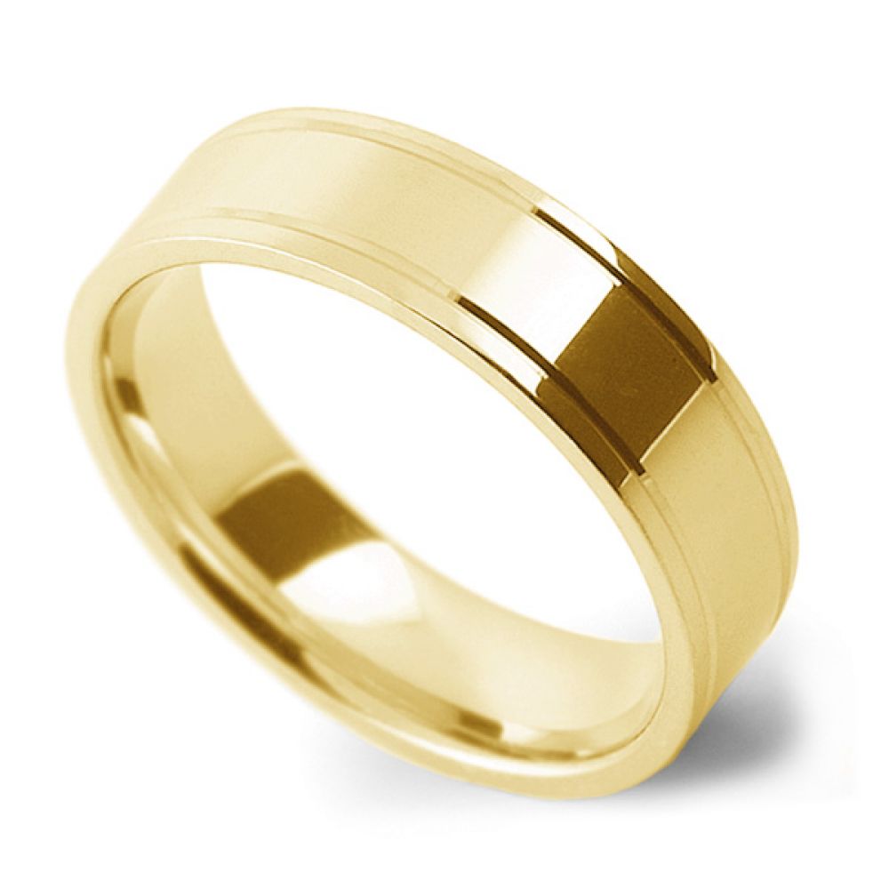 Men's Polished Patterned Flat Court Wedding Ring - Yellow Gold Men's Polished Patterned Flat Court Wedding Ring - Yellow Gold