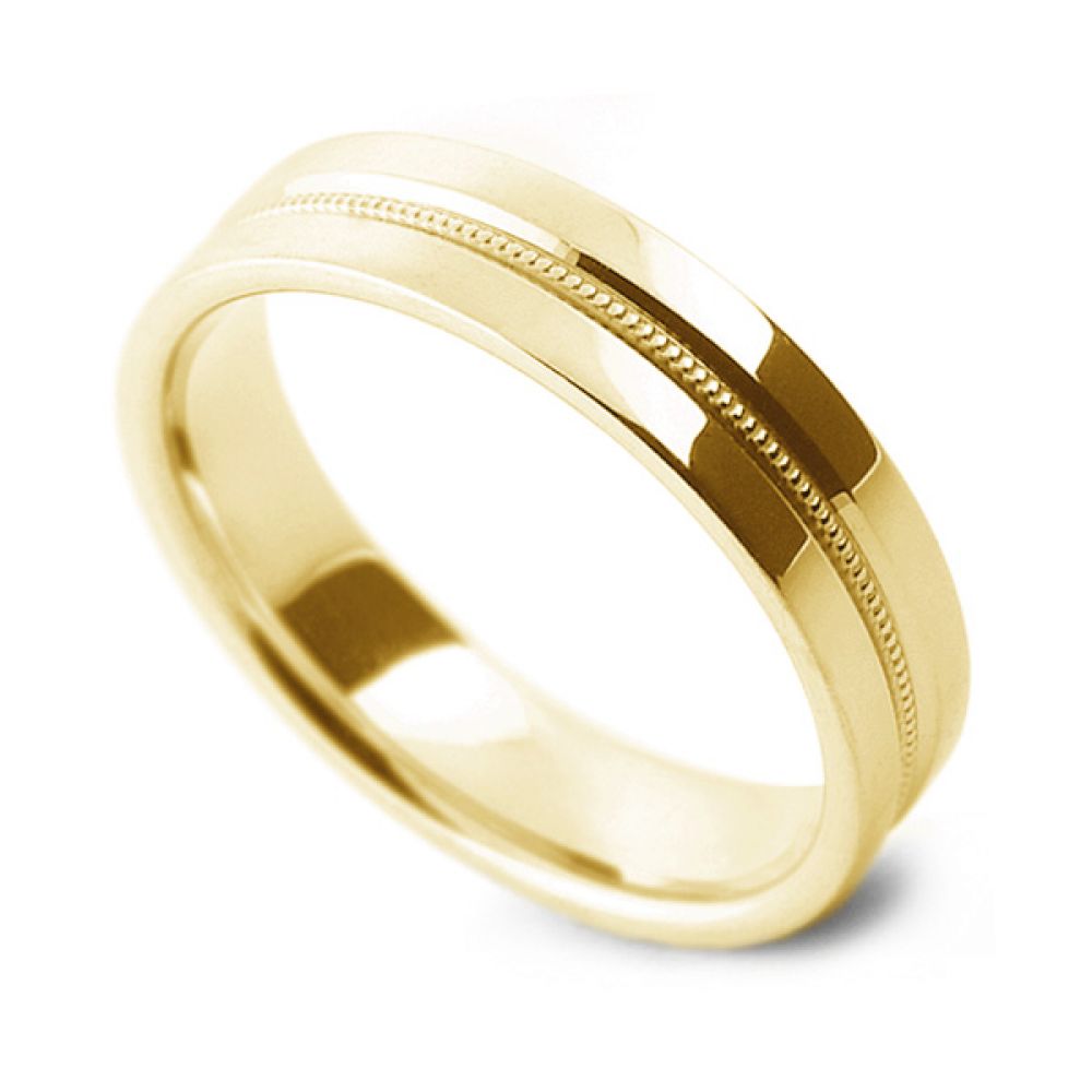 Patterned Flat Court Wedding Ring Milgrain Detail - Yellow Gold