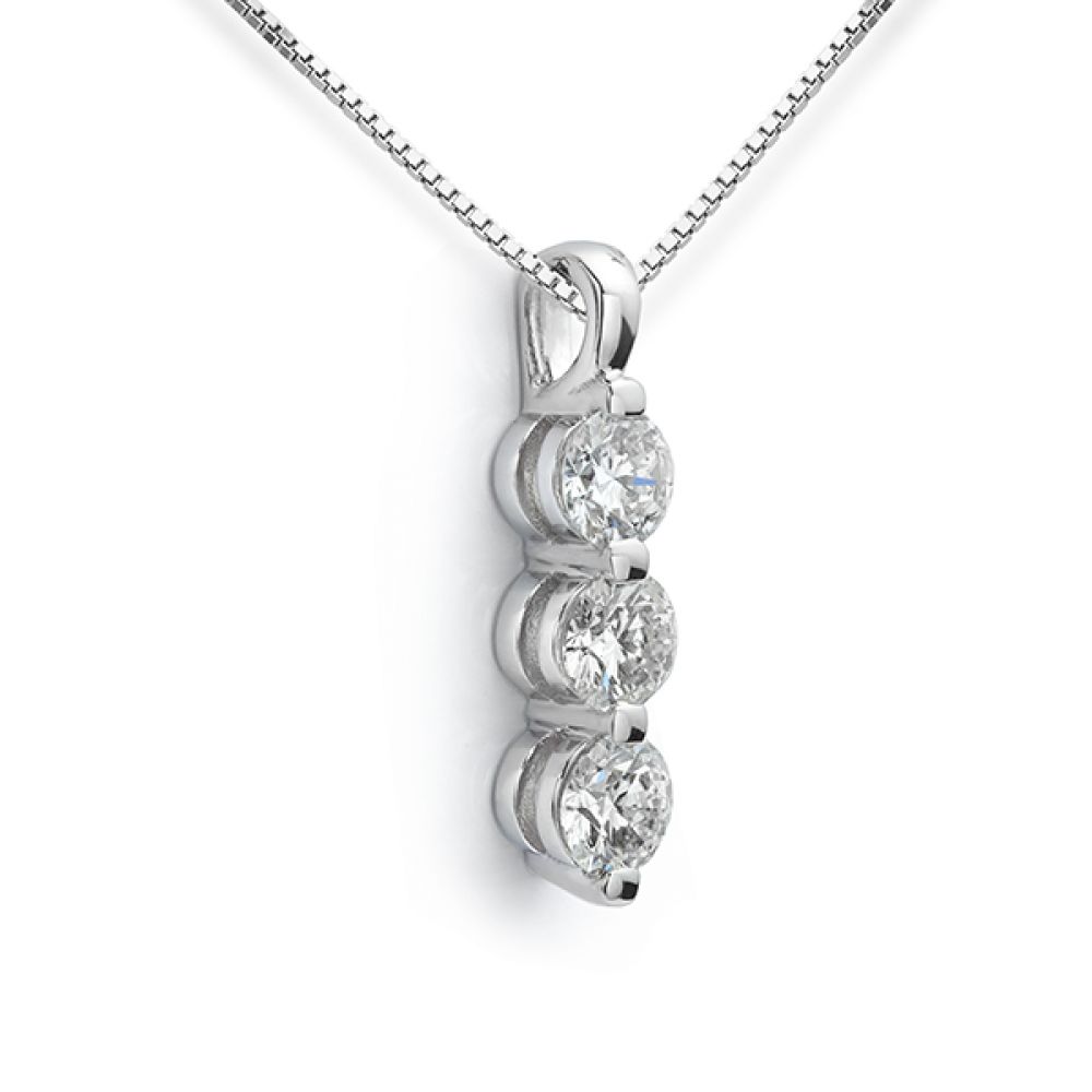 White gold 3 stone diamond necklace side view