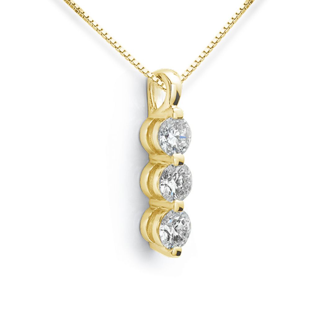 Yellow gold 3 stone diamond necklace side view