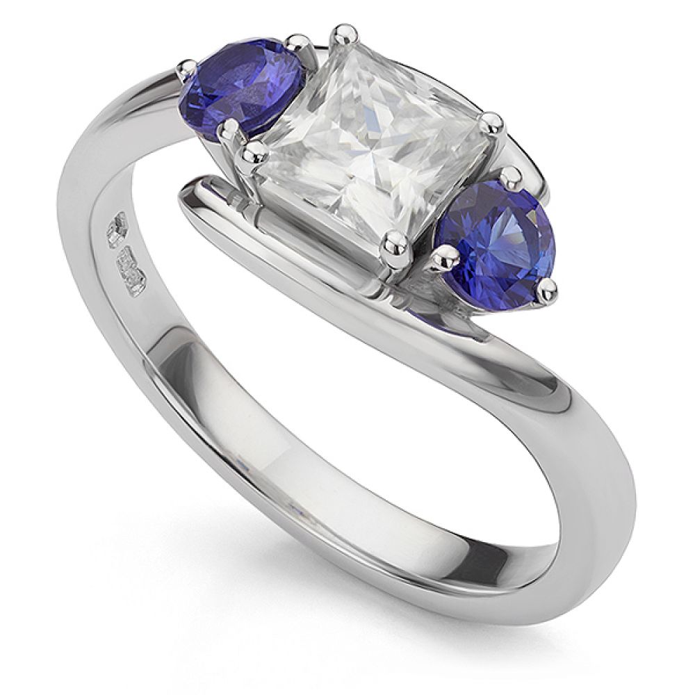 Moissanite and Sapphire three stone engagement ring