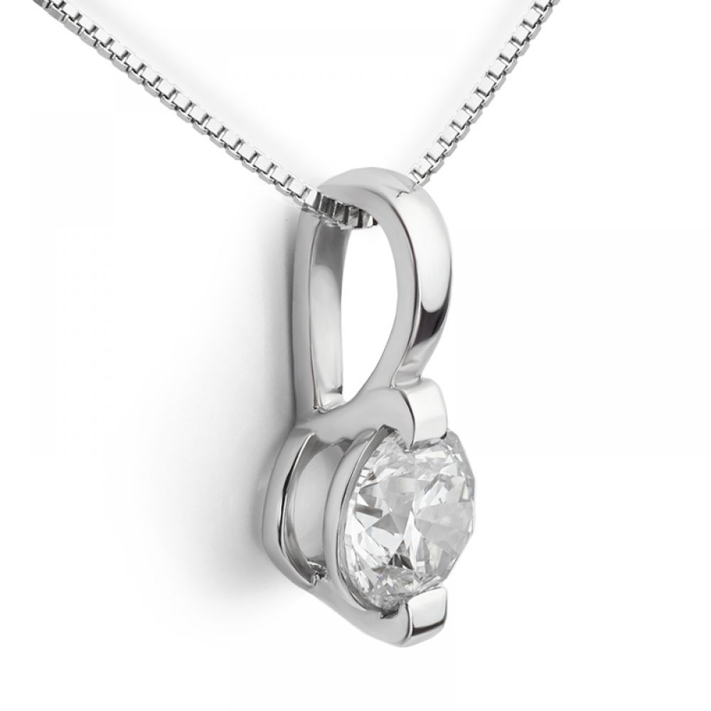 Two claw round diamond solitaire necklace side view white gold Two claw round diamond solitaire necklace side view white gold