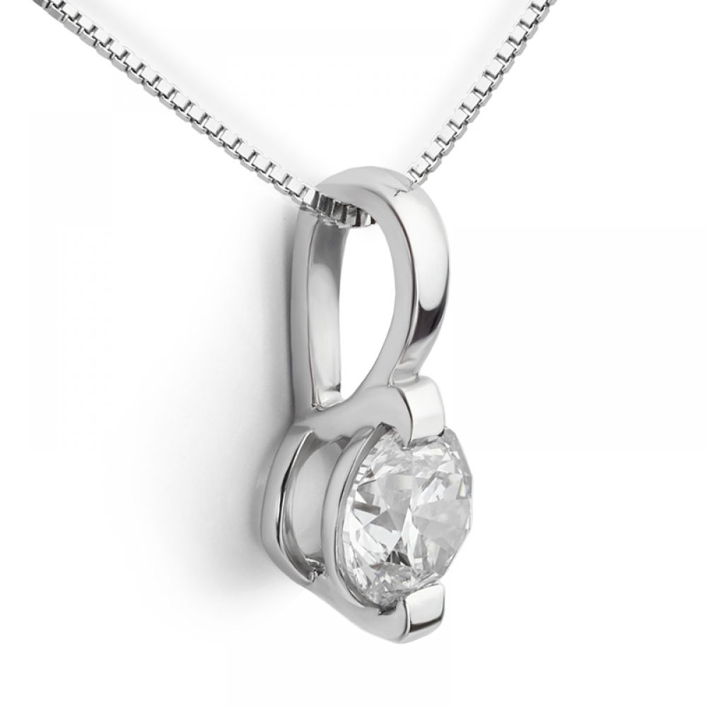 Two claw round diamond solitaire necklace side view white gold