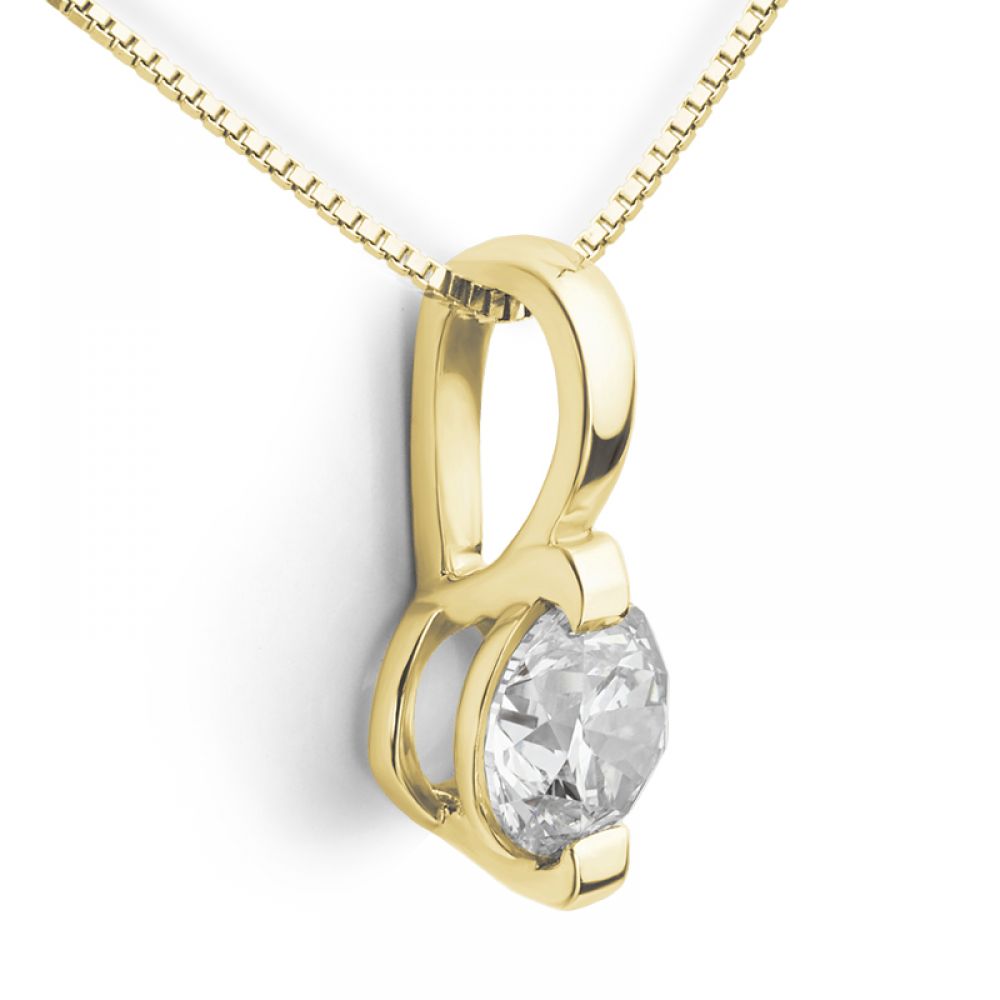 Two claw round diamond solitaire necklace side view yellow gold