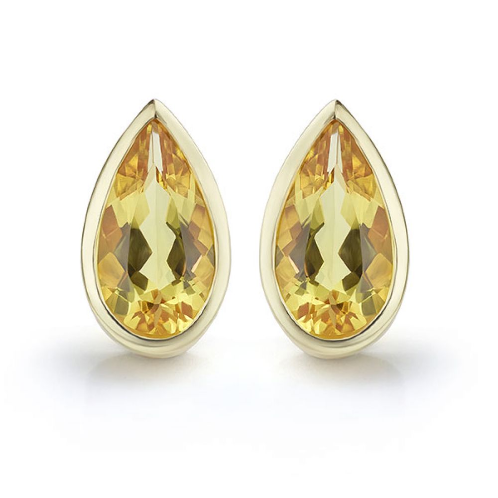 Yellow Beryl Pear Drop Earrings in Yellow Gold