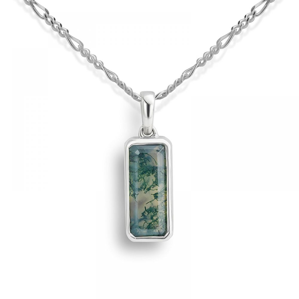 Silver Moss Agate Necklace with Figaro Chain