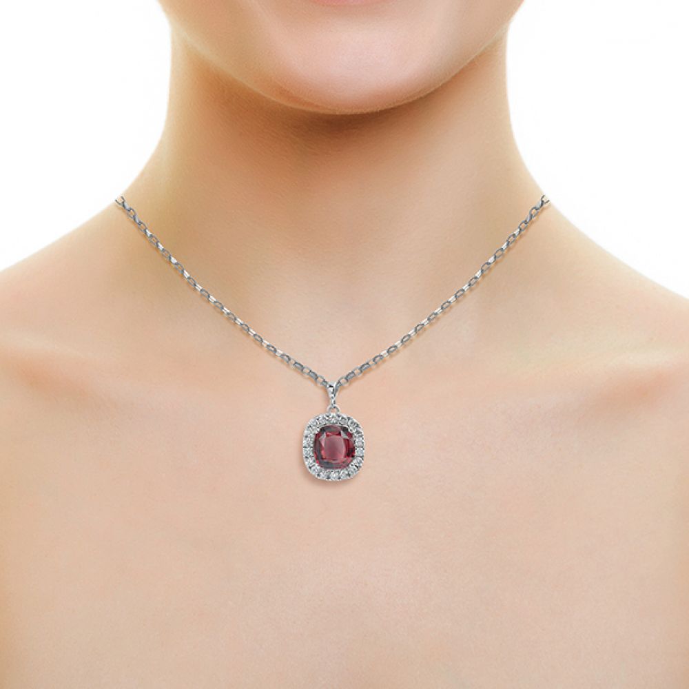 Garnet and Diamond Halo Necklace Worn Around the Neck Garnet and Diamond Halo Necklace Worn Around the Neck
