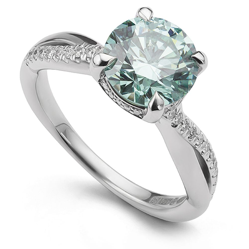 Blue diamond engagement ring with interwoven shoulders