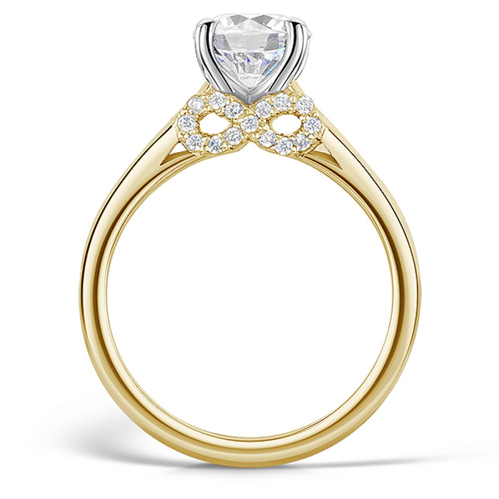 Infinity symbol diamond accent engagement ring yellow gold side view Infinity symbol diamond accent engagement ring yellow gold side view