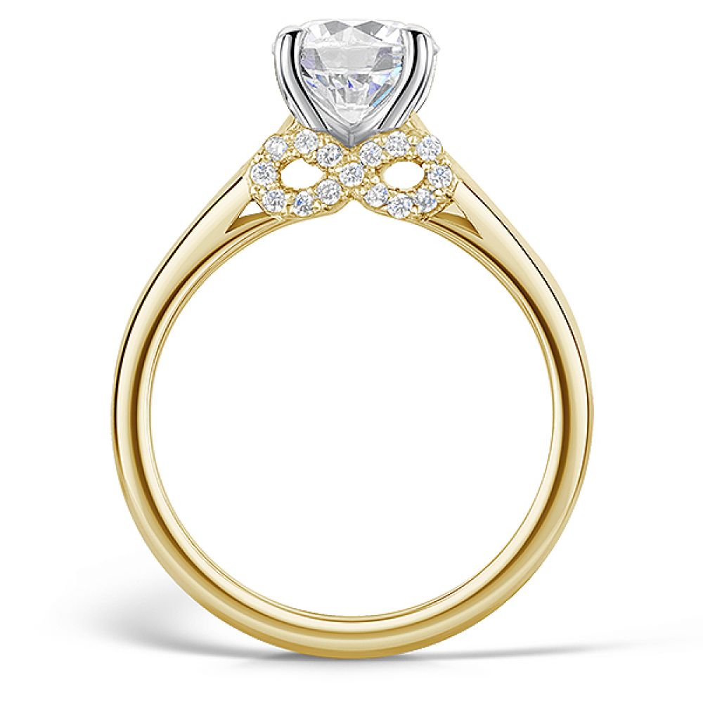 Infinity symbol diamond accent engagement ring yellow gold side view