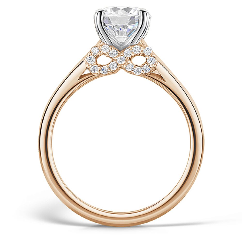 Infinity symbol diamond accent engagement ring rose gold side view Infinity symbol diamond accent engagement ring rose gold side view