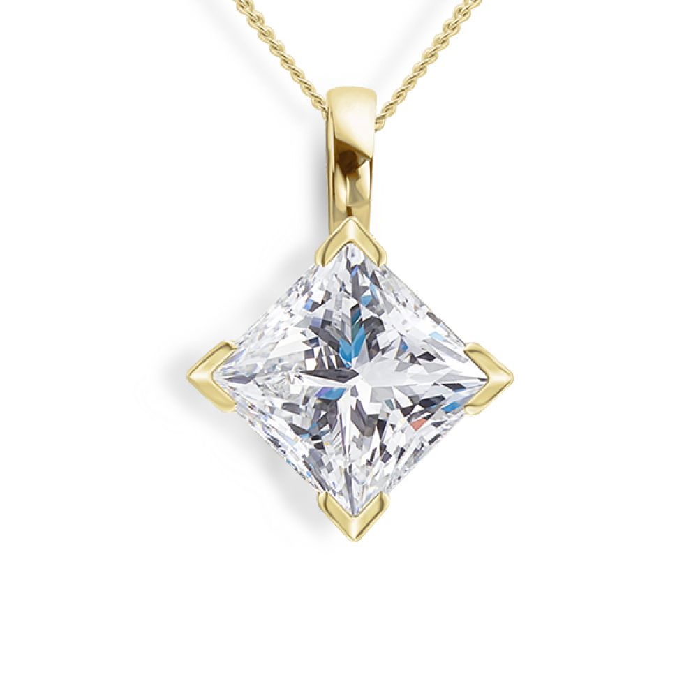 Compass set princess cut solitaire diamond necklace in yellow gold