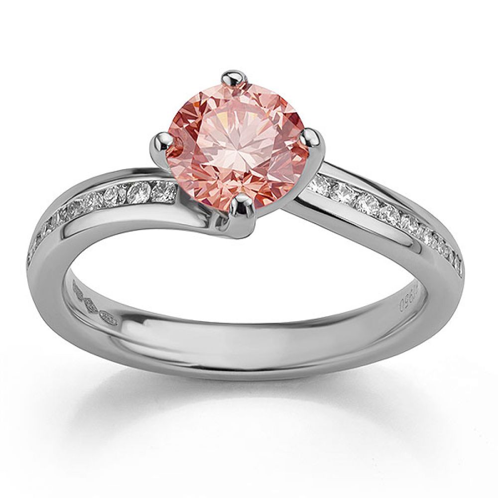 Pink diamond ring top view showing lab-grown pink diamond