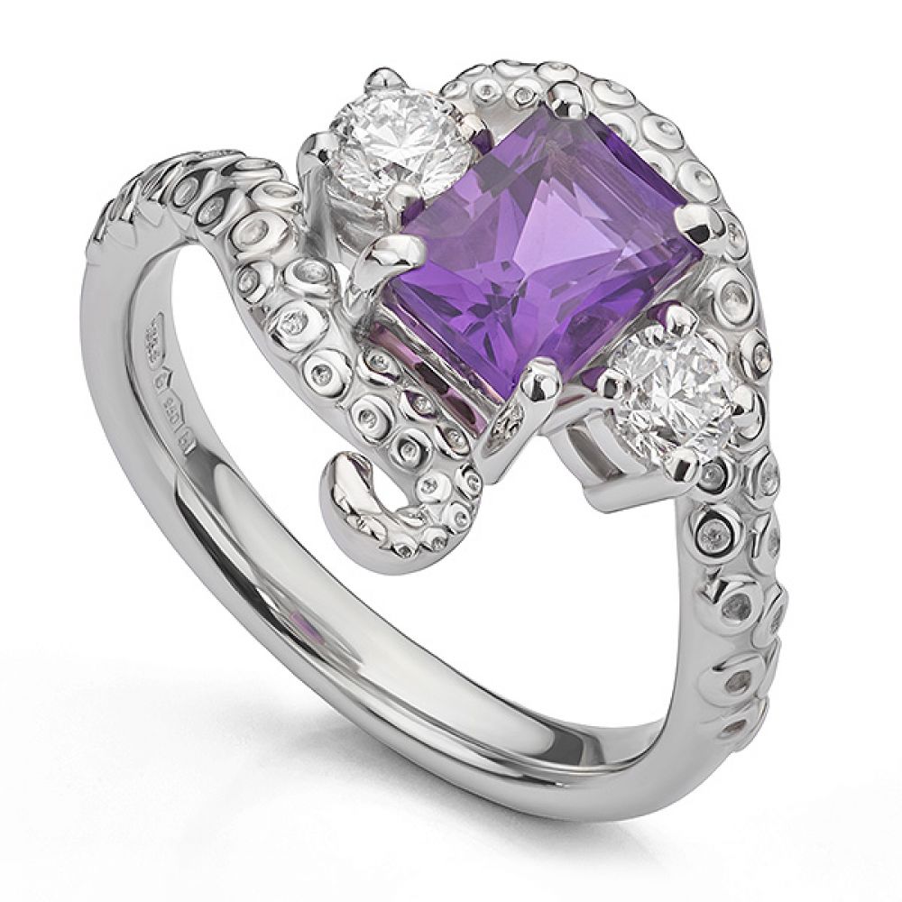 Amethyst and Diamond Octopus Ring - 3 Stone Ring