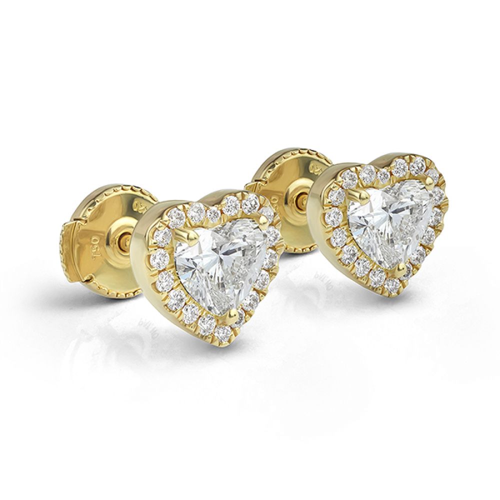 Bespoke yellow gold halo heart earrings side view Bespoke yellow gold halo heart earrings side view