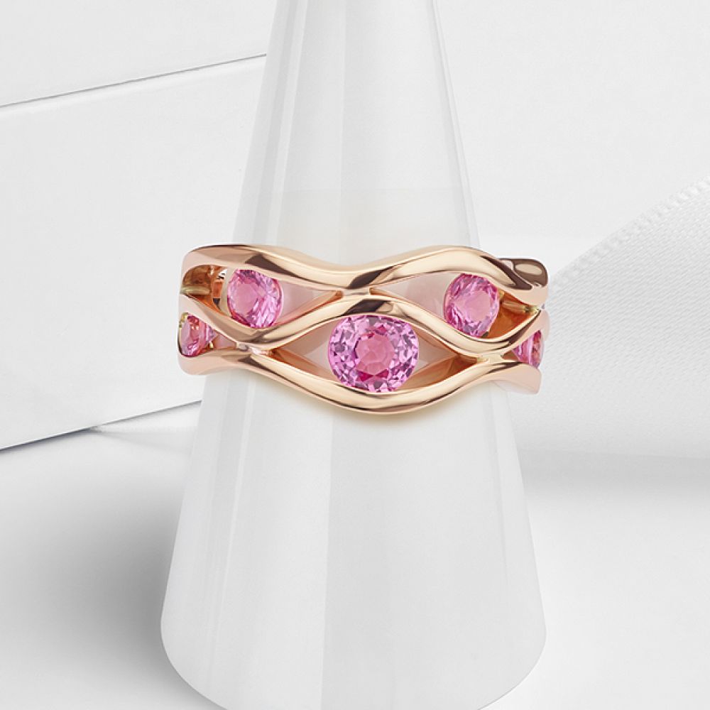 Rose Gold Pink Sapphire Wave Ring Front View Rose Gold Pink Sapphire Wave Ring Front View
