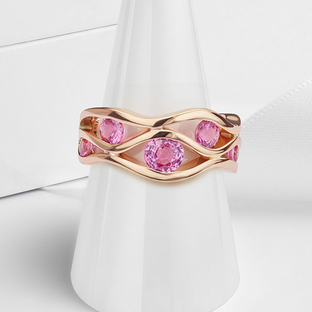 Rose Gold Pink Sapphire Wave Ring Front View