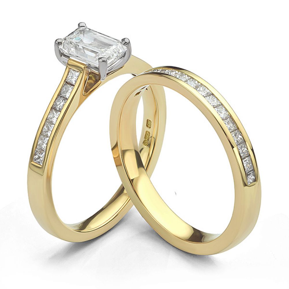 Emerald and princess engagement ring shown with princess wedding band Emerald and princess engagement ring shown with princess wedding band
