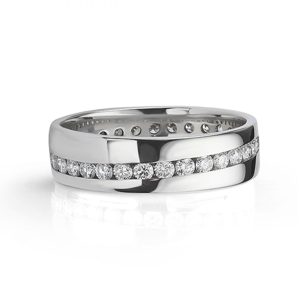 Curved channel wedding ring front view