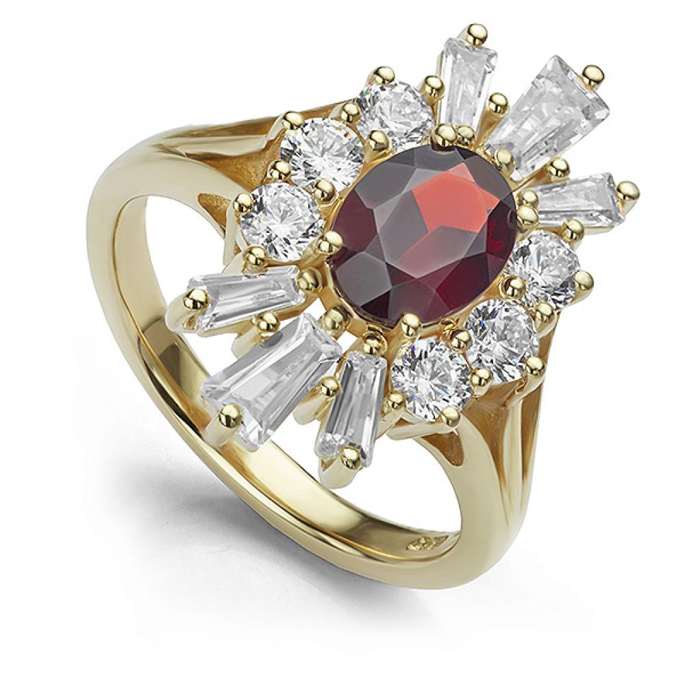 Starburst Garnet Ring - Oval Garnet with Tapered Baguettes Starburst Garnet Ring - Oval Garnet with Tapered Baguettes