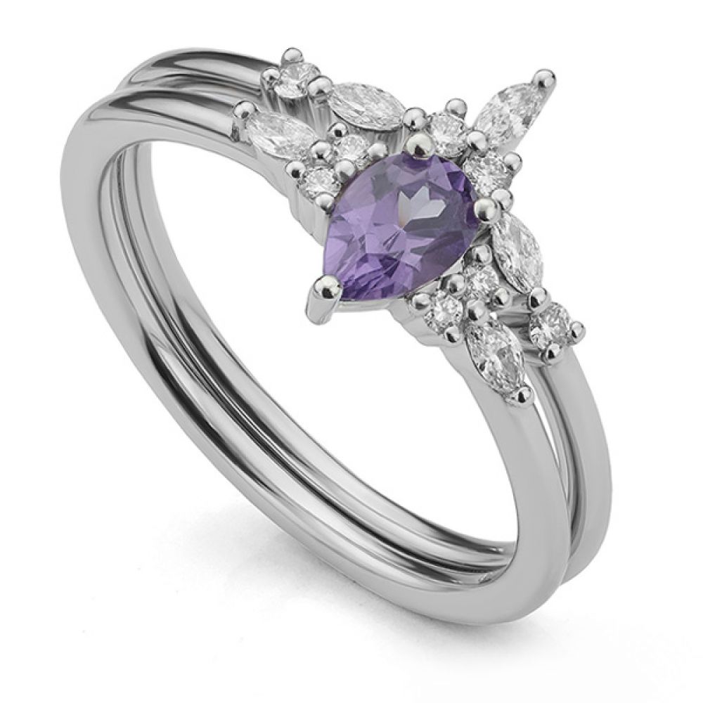 Pear-shaped Alexandrite and diamond engagement ring and shaped wedding ringset Pear-shaped Alexandrite and diamond engagement ring and shaped wedding ring set