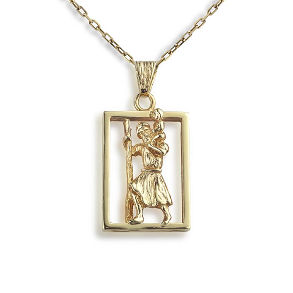 Gold Framed Open St. Christopher Necklace Shown with a Chain