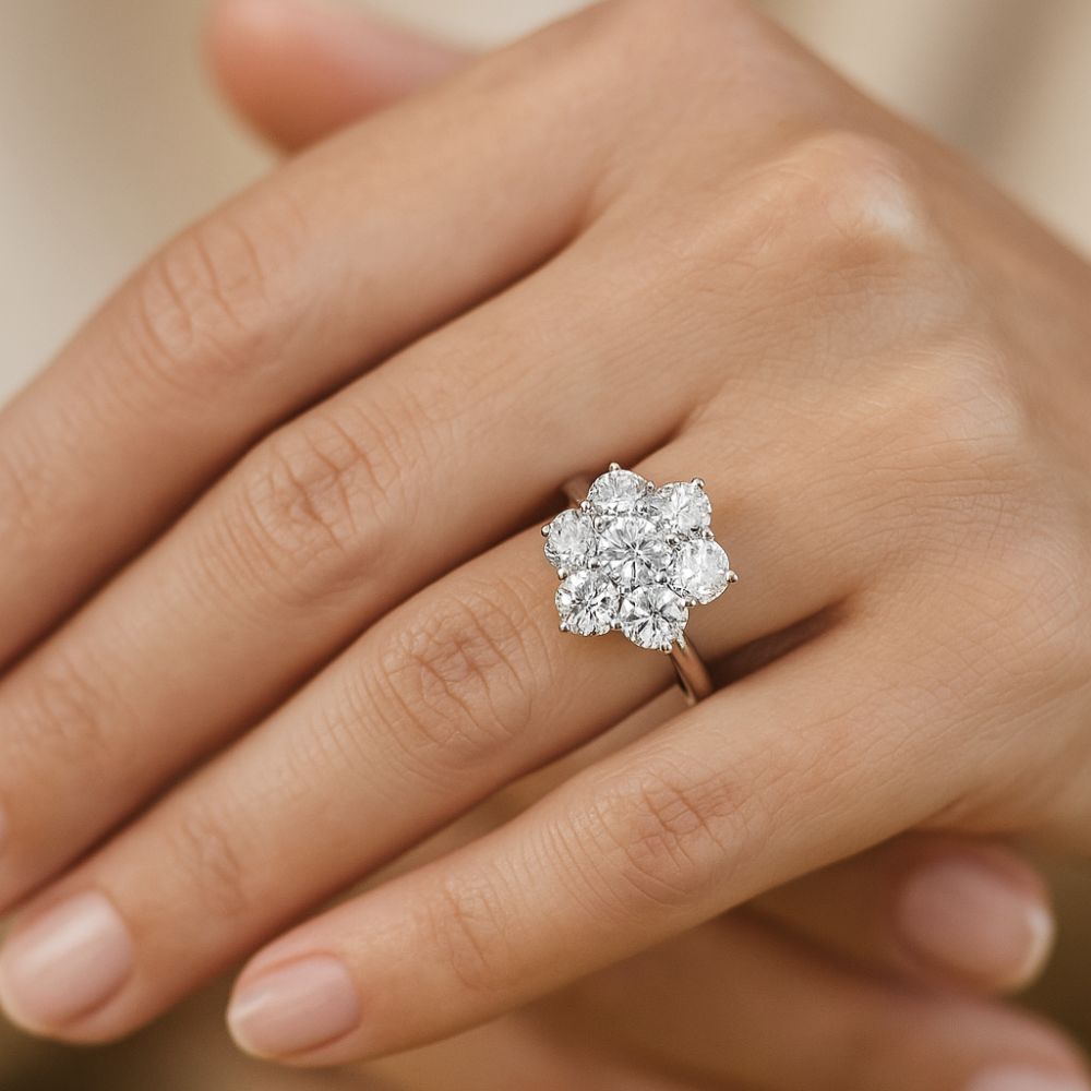 2 carat lab-grown diamond Daisy ring shown on finger 2 carat lab-grown diamond Daisy ring shown on finger