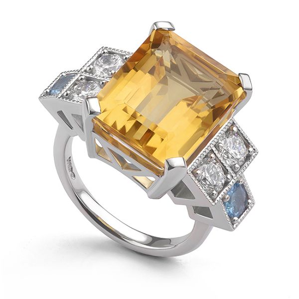 Citrine, Aquamarine & Diamond Cocktail Ring Main Image