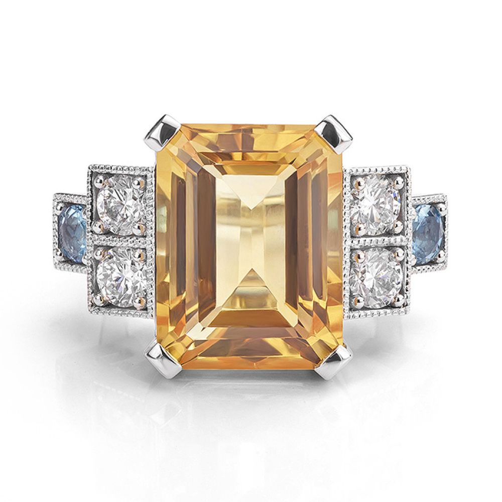 Front view of the Citrine and aquamarine cocktail ring