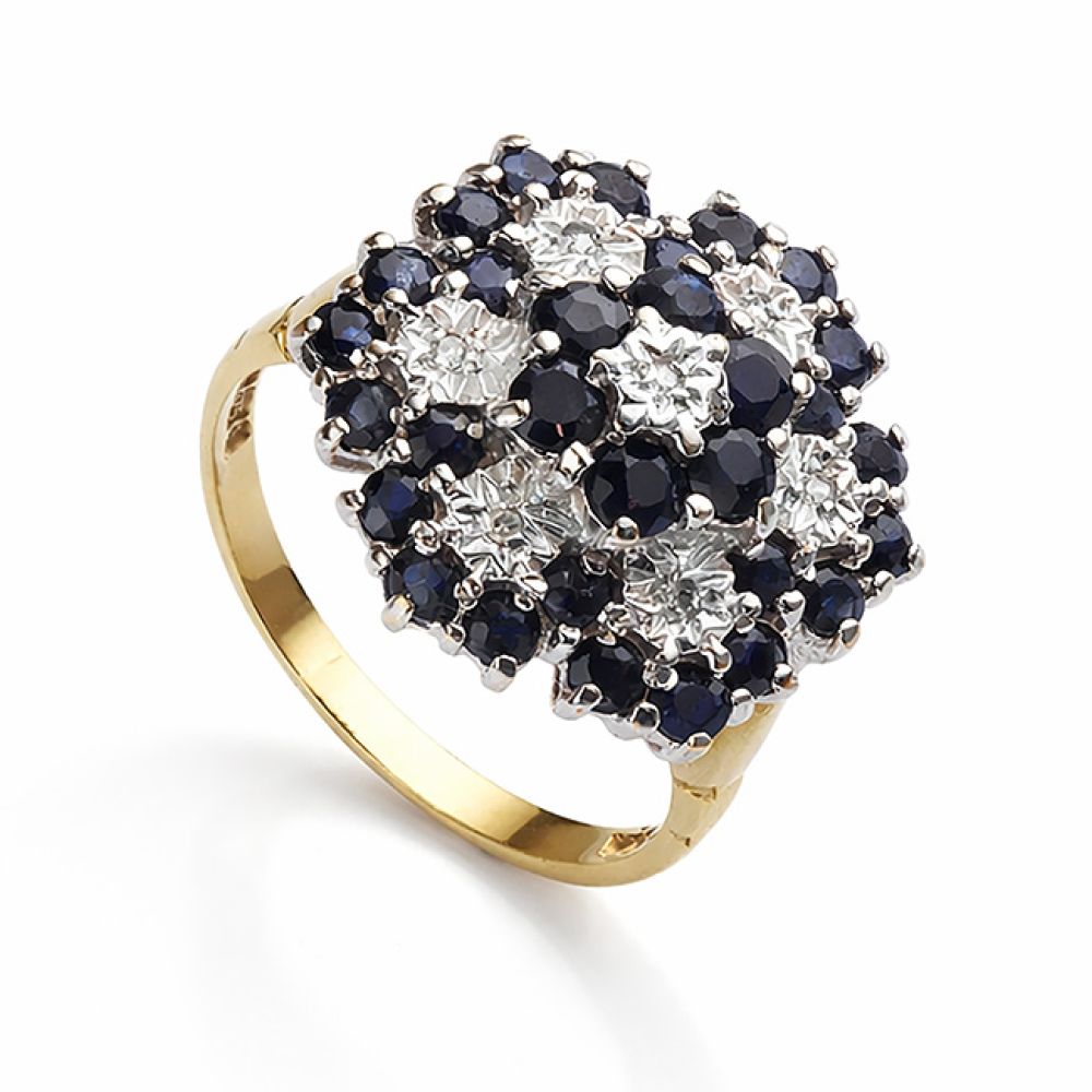Pre-loved blue sapphire and diamond cluster floral design ring